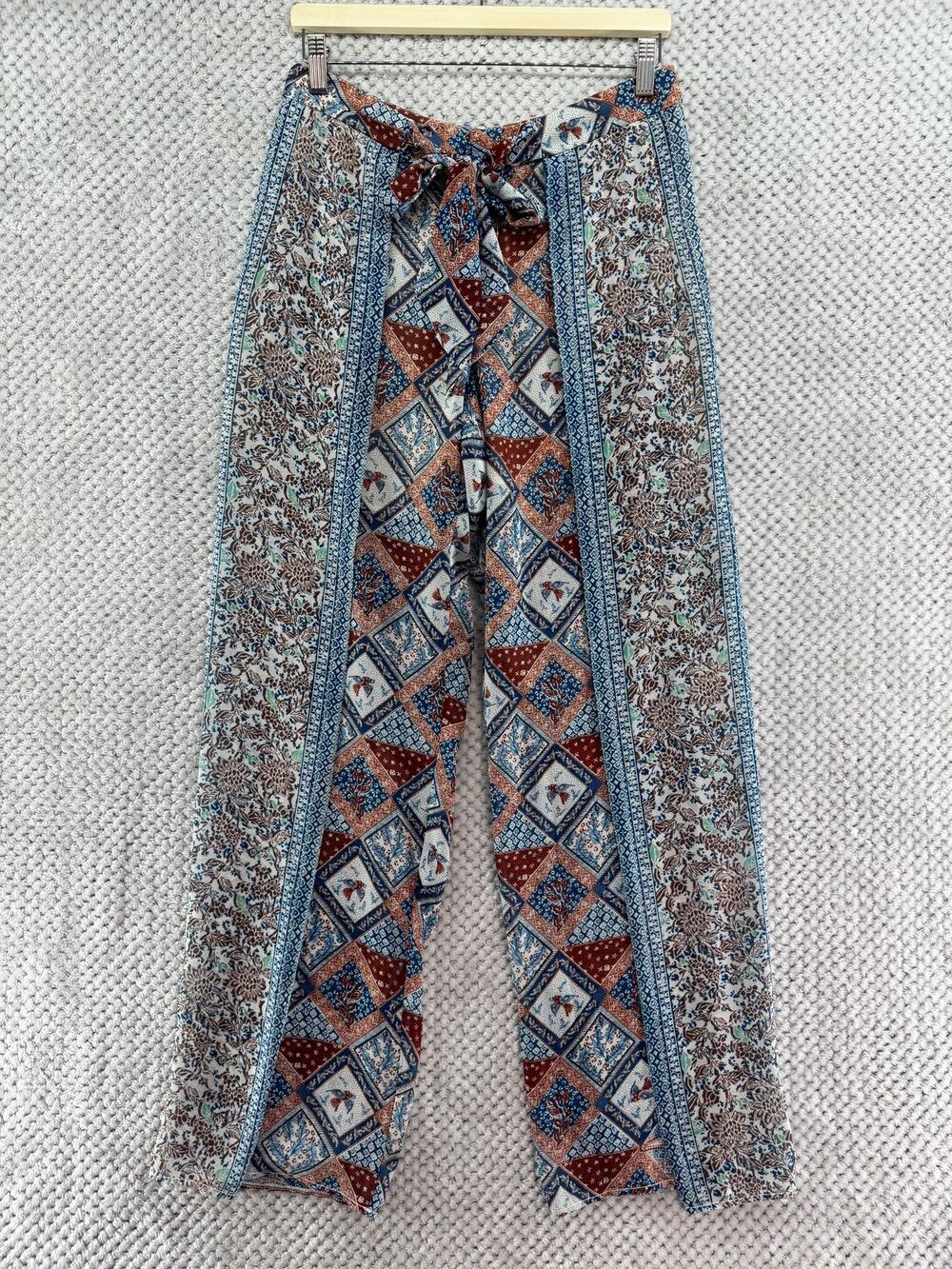 Elevenses Beach Boho Pants Women 8 Blue Patch Floral Wide Leg